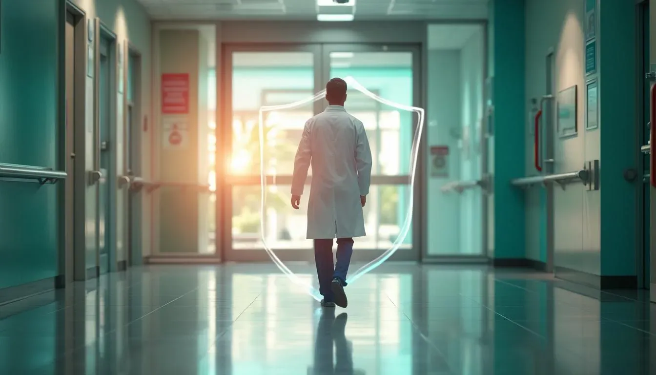 Médico avanza protegido por el hospital